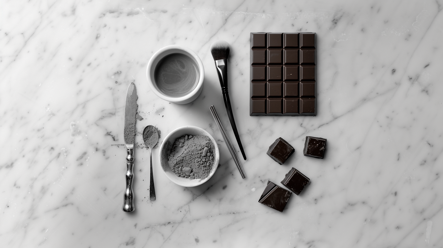 Luxury products including coffee, chocolate, and makeup on elegant marble background representing high-end international brands